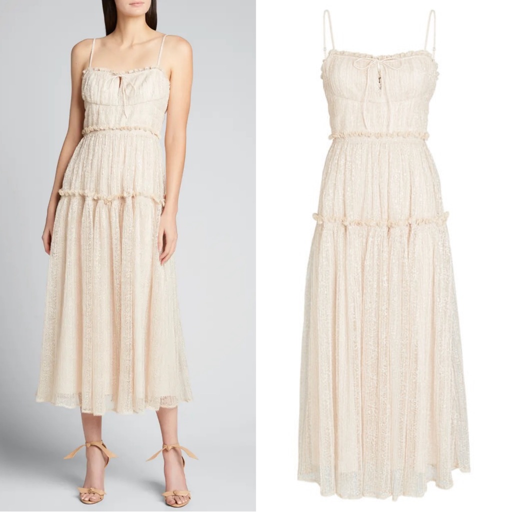 Jonathan Simkhai Ivy Smocked Lace Midi Dress Size 14 Nwt Dove Beige